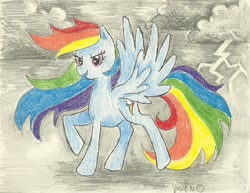 Size: 1538x1186 | Tagged: safe, artist:hahasauce, rainbow dash, pegasus, pony, blue coat, female, mare, multicolored mane, traditional art