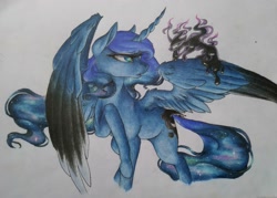 Size: 1323x945 | Tagged: safe, artist:cloud-dash, princess luna, tantabus, alicorn, pony, colored wings, multicolored wings, solo, traditional art