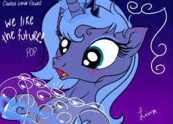 Size: 567x405 | Tagged: safe, artist:darkest-lunar-flower, princess luna, alicorn, pony, animated, blushing, bubble wrap, chest fluff, cute, eyes on the prize, female, gradient background, heart, magic, mare, open mouth, s1 luna, silluna, silly, silly pony, solo, telekinesis, wide eyes