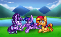 Size: 1280x768 | Tagged: safe, artist:pinipy, derpibooru import, starlight glimmer, sunset shimmer, twilight sparkle, twilight sparkle (alicorn), alicorn, pony, unicorn, equestria girls, derp, mountain, pond, trio