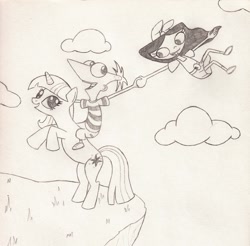 Size: 2412x2375 | Tagged: safe, artist:catula, derpibooru import, twilight sparkle, human, pony, unicorn, crossover, female, isabella garcia shapiro, male, mare, monochrome, phineas and ferb, phineas flynn, traditional art