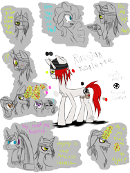 Size: 1200x1600 | Tagged: safe, artist:didun850, apple bloom, pinkie pie, princess cadance, scootaloo, shining armor, sweetie belle, oc, oc:russian roulette, alicorn, earth pony, pegasus, pony, unicorn, :o, bandage, bust, cutie mark crusaders, female, filly, frown, glowing horn, gun, hair over one eye, horn, looking up, magic, male, mare, open mouth, reference sheet, russian roulette, scared, simple background, stallion, story included, telekinesis, transparent background, weapon