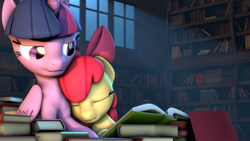 Size: 1920x1080 | Tagged: safe, artist:neondion60, derpibooru import, apple bloom, twilight sparkle, twilight sparkle (alicorn), alicorn, pony, 3d, adorabloom, book, cute, female, library, mare, sleeping, source filmmaker, twiabetes