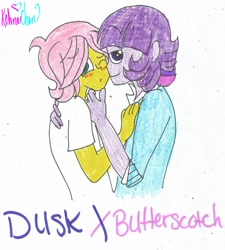 Size: 1024x1137 | Tagged: safe, artist:xxfluffypachirisuxx, derpibooru import, butterscotch, dusk shine, fluttershy, twilight sparkle, equestria girls, blushing, buttershine, equestria guys, gay, humanized, male, rule 63, shipping, smug, traditional art, twishy