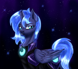 Size: 2014x1783 | Tagged: dead source, safe, artist:not-ordinary-pony, princess luna, alicorn, pony, alternate universe, broken horn, clothes, ear fluff, female, looking at you, mare, scar, solo, stars