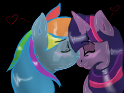 Size: 1024x768 | Tagged: safe, artist:sinningserp, derpibooru import, rainbow dash, twilight sparkle, pegasus, pony, blushing, cute, eyes closed, female, kissing, lesbian, shipping, smooch, twidash, watermark