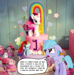 Size: 748x758 | Tagged: safe, artist:dec browne, cheerilee, lulu luck, pinkie pie, princess cadance, princess celestia, rainbow dash, rarity, oc, oc:baby show, oc:evening starlight, alicorn, pegasus, pony, unicorn, cake, cupcake, food, toy