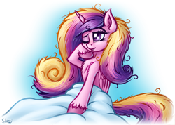 Size: 2431x1729 | Tagged: safe, artist:skorpionletun, princess cadance, alicorn, pony, bed mane, blanket, chest fluff, cute, cutedance, female, fluffy, mare, morning ponies, one eye closed, simple background, solo, unshorn fetlocks