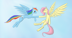 Size: 2250x1200 | Tagged: safe, artist:avristed, fluttershy, rainbow dash, pegasus, pony, female, flying, mare, wings