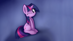 Size: 2560x1440 | Tagged: safe, artist:sheandog, derpibooru import, edit, twilight sparkle, cute, looking at you, one eye closed, sitting, smiling, solo, twiabetes, wallpaper, wallpaper edit, wink