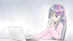 Size: 1920x1080 | Tagged: safe, artist:reavz, derpibooru import, edit, twilight sparkle, human, chair, clothes, computer, computer mouse, drinking, female, humanized, laptop computer, sitting, solo, wallpaper, wallpaper edit