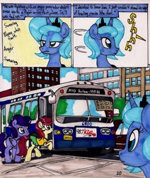 Size: 1374x1621 | Tagged: safe, artist:newyorkx3, princess luna, alicorn, pony, comic:young days, bus, comic, dialogue, gm new look, manehattan, s1 luna, traditional art