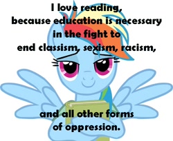 Size: 500x410 | Tagged: dead source, safe, rainbow dash, pegasus, pony, book, cute, dashabetes, feminism, feministmylittlepony, image macro, meme, meta, text, tumblr