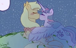 Size: 1024x651 | Tagged: safe, artist:lxxjunebugxxl, derpibooru import, applejack, twilight sparkle, twilight sparkle (alicorn), alicorn, earth pony, pony, bandana, blushing, eyes closed, female, freckles, kissing, lesbian, mare, moon, neckerchief, night, shipping, stars, twijack