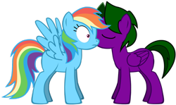 Size: 1159x690 | Tagged: safe, rainbow dash, oc, pegasus, pony, pony creator, canon x oc, kissing, shipping