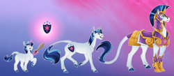 Size: 7557x3300 | Tagged: safe, artist:turnipberry, shining armor, classical unicorn, pony, unicorn, abstract background, adult, age progression, armor, cloven hooves, colored hooves, colt, cutie mark, dewclaw, gap teeth, glowing horn, gradient background, headcanon, horn, leonine tail, magic, male, playing, royal guard armor, solo, stallion, sword, teenager, telekinesis, unshorn fetlocks, weapon, wooden sword, younger