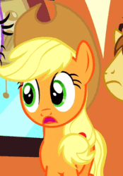 Size: 323x465 | Tagged: safe, derpibooru import, screencap, applejack, donut joe, twilight sparkle, earth pony, pony, unicorn, mmmystery on the friendship express, :o, animated, cowboy hat, female, hat, mare, open mouth, solo focus, stetson