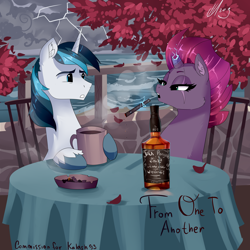 Size: 4000x4000 | Tagged: safe, artist:xjenn9, shining armor, tempest shadow, pony, unicorn, alcohol, ashtray, bottle, chair, cigar, dialogue, food, jack daniel's, jack daniels, leaf, leaves, lightning, mug, smoke, smoking, table, tablecloth, tea, unshorn fetlocks, water, whiskey