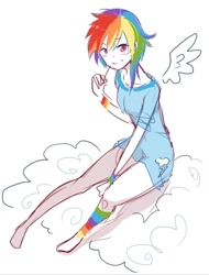 Size: 388x510 | Tagged: safe, artist:hinakitteh, rainbow dash, barefoot, bottomless, cloud, feet, humanized, leg warmers, winged humanization