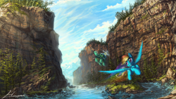 Size: 1920x1080 | Tagged: safe, artist:huussii, rainbow dash, tank, pegasus, pony, flying, scenery, wallpaper