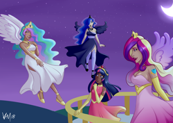 Size: 4092x2893 | Tagged: safe, artist:emberfan11, princess cadance, princess celestia, princess luna, twilight sparkle, twilight sparkle (alicorn), alicorn, human, twilight's kingdom, canterlot, canterlot castle, clothes, dark skin, dress, flying, humanized, night, scene interpretation, singing, sky, winged humanization, wings, you'll play your part