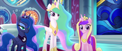 Size: 1920x804 | Tagged: safe, screencap, princess cadance, princess celestia, princess luna, alicorn, pony, my little pony: the movie, banner, canterlot castle, canterlot throne room, confused, crown, curtains, female, folded wings, jewelry, luna is not amused, mare, reaction image, regalia, shocked, stained glass, throne, throne room, trio, unamused