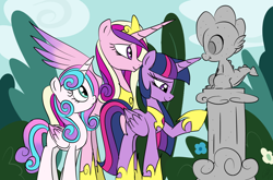 Size: 1214x800 | Tagged: safe, artist:emositecc, princess cadance, princess flurry heart, spike, twilight sparkle, twilight sparkle (alicorn), alicorn, dragon, pony, crown, feels, female, gravestone, implied death, jewelry, mare, mother and child, mother and daughter, older, older flurry heart, parent and child, regalia, rest in peace, sky, smiling, statue