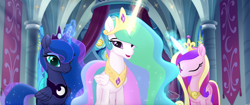 Size: 1920x804 | Tagged: safe, screencap, princess cadance, princess celestia, princess luna, alicorn, pony, my little pony: the movie, canterlot castle, crown, curtains, cute, ethereal mane, eyes closed, female, folded wings, glowing horn, jewelry, magic, magic aura, mare, open mouth, regalia, smiling, sparkles, sparkly mane