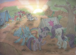 Size: 989x712 | Tagged: safe, artist:darkmage2, apple bloom, rainbow dash, rarity, sweetie belle, twilight sparkle, pegasus, pony, unicorn, camping, embarrassed, forest, glasses, sunrise, tent, yawn