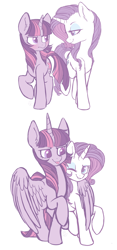 Size: 3500x7500 | Tagged: safe, artist:hawthornss, derpibooru import, princess twilight 2.0, rarity, twilight sparkle, twilight sparkle (alicorn), unicorn twilight, alicorn, pony, unicorn, the last problem, absurd resolution, blushing, cute, duo, ear fluff, eyeshadow, female, height difference, hug, lesbian, looking at each other, makeup, mare, one eye closed, raised hoof, rarilight, shipping, simple background, size difference, smiling, tongue out, white background, winghug, wink