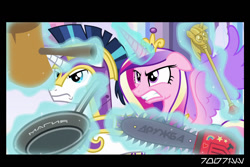 Size: 1288x858 | Tagged: safe, edit, edited screencap, editor:teren rogriss, screencap, princess cadance, shining armor, alicorn, pony, unicorn, the beginning of the end, chainsaw, crystal empire, cyrillic, frying pan, gritted teeth, magic, mallet, russian, scepter, telekinesis, this will end in pain, translated in the description, twilight scepter