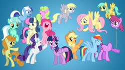 Size: 1920x1080 | Tagged: safe, artist:tardifice, derpibooru import, applejack, berry punch, berryshine, bon bon, carrot top, daisy, derpy hooves, flower wishes, fluttershy, golden harvest, lyra heartstrings, minuette, pinkie pie, rainbow dash, rarity, sunshower raindrops, sweetie drops, twilight sparkle, twilight sparkle (alicorn), alicorn, earth pony, pegasus, pony, unicorn, simple background