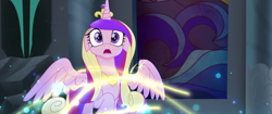 Size: 1920x804 | Tagged: safe, screencap, princess cadance, alicorn, pony, my little pony: the movie, crown, floppy ears, jewelry, magic, raised hoof, regalia, solo, spread wings, surprised, wings