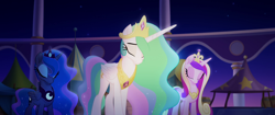 Size: 1920x804 | Tagged: safe, screencap, princess cadance, princess celestia, princess luna, alicorn, pony, my little pony: the movie, bowing, crown, eyes closed, glow, jewelry, night, rainbow (song), regalia