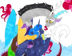 Size: 807x631 | Tagged: safe, artist:frozensoulpony, discord, princess luna, alicorn, octopus, pony, female, lunacord, male, shipping, straight, traditional art