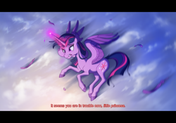 Size: 1920x1342 | Tagged: safe, artist:stasysolitude, derpibooru import, twilight sparkle, twilight sparkle (alicorn), alicorn, pony, caption, feather, female, flying, magic, mare, solo