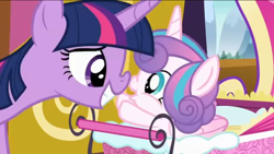 Size: 1136x640 | Tagged: safe, screencap, princess cadance, princess flurry heart, twilight sparkle, twilight sparkle (alicorn), alicorn, pony, a flurry of emotions, boop, mane, noseboop, nuzzling, want hug