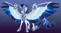 Size: 3066x1650 | Tagged: safe, artist:turnipberry, shining armor, alicorn, pony, unicorn, alicornified, armor, colored hooves, colored wings, colored wingtips, dewclaw, ethereal wings, male, prince shining armor, race swap, solo, spread wings, stallion, starry wings, wing armor, winged hooves, wings