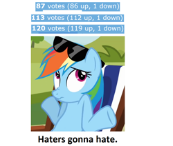 Size: 1030x873 | Tagged: safe, edit, edited screencap, screencap, rainbow dash, pegasus, pony, too many pinkie pies, beach chair, cropped, female, haters gonna hate, mare, meta, reaction image, scrunchy face, shrug, sunglasses, text, votes