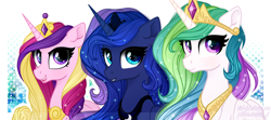 Size: 2700x1200 | Tagged: safe, artist:vird-gi, princess cadance, princess celestia, princess luna, alicorn, pony, alicorn triarchy, crown, female, jewelry, mare, regalia, royal sisters, smiling, trio