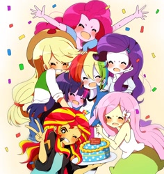 Size: 966x1024 | Tagged: safe, artist:lotte, derpibooru import, applejack, fluttershy, pinkie pie, rainbow dash, rarity, sunset shimmer, twilight sparkle, equestria girls, pinkie pride, rainbow rocks, birthday, clothes, cowboy hat, cute, denim skirt, hat, hug, humane seven, mane six, skirt, stetson