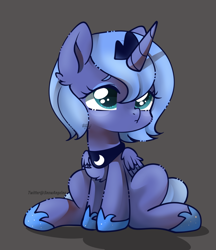 Size: 900x1040 | Tagged: safe, artist:snow angel, princess luna, alicorn, pony, chest fluff, chibi, crown, cute, ear fluff, female, filly, gray background, jewelry, lunabetes, regalia, simple background, sitting, solo, wing fluff, woona, younger