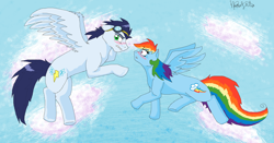 Size: 1024x536 | Tagged: safe, artist:majufogo, rainbow dash, soarin', pegasus, pony, blushing, female, male, shipping, soarindash, straight