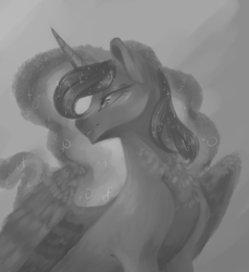 Size: 1100x1200 | Tagged: safe, artist:yuyusunshine, princess luna, alicorn, pony, female, mare, monochrome, sketch, smiling, solo