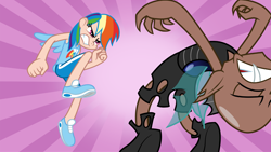 Size: 1920x1080 | Tagged: safe, artist:trinityinyang, rainbow dash, changeling, a canterlot wedding, action pose, clothes, fight, humanized, kneeing, scene interpretation, sunburst background, wallpaper