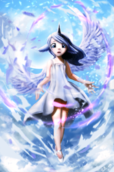 Size: 783x1180 | Tagged: safe, artist:gianghanz, artist:moondreamer16, princess luna, human, collaboration, clothes, eared humanization, horned humanization, humanized, solo, winged humanization, wings