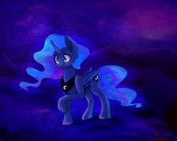 Size: 2500x2000 | Tagged: safe, artist:miokomata, princess luna, alicorn, pony, blushing, color porn, eyestrain warning, female, freckles, night, raised hoof, smiling, solo, stars, walking