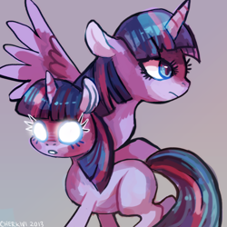 Size: 1280x1280 | Tagged: safe, artist:cherivinca, derpibooru import, twilight sparkle, twilight sparkle (alicorn), unicorn twilight, alicorn, pony, unicorn, duality, female, glowing eyes, gray background, mare, simple background, solo