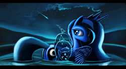 Size: 1204x663 | Tagged: safe, artist:auroriia, princess luna, alicorn, pony, ursa minor, night, shooting star, solo, water