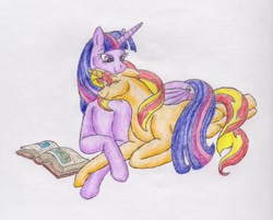 Size: 900x723 | Tagged: safe, artist:spyro-for-life, derpibooru import, sunset shimmer, twilight sparkle, twilight sparkle (alicorn), alicorn, pony, unicorn, book, cuddling, female, lesbian, prone, shipping, snuggling, sunsetsparkle, traditional art